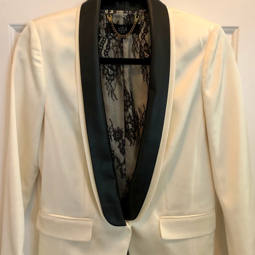 Tibi White Tuxedo Blazer w/ Leather Lapels